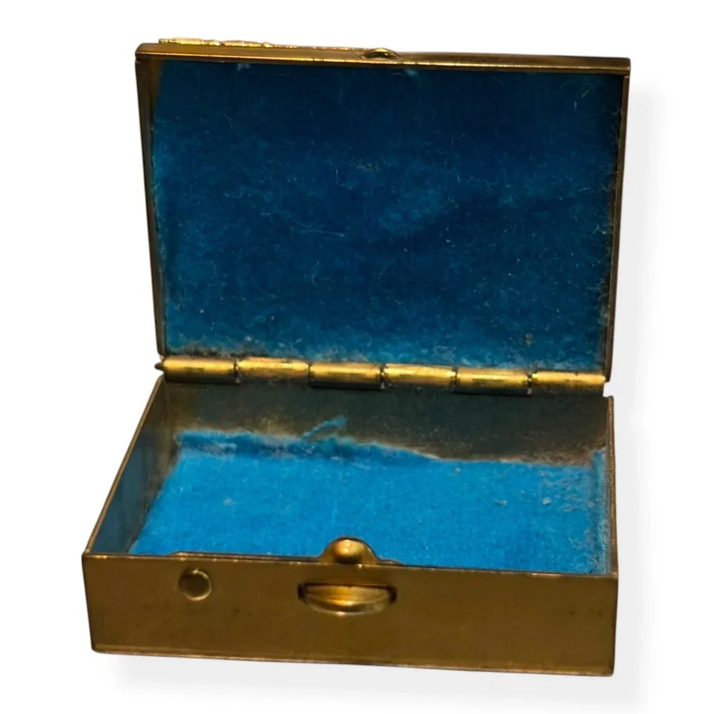 Vintage Gold-Tone Metal Pillbox With Floral Embossed Lid &‎ Blue Velvet Interior